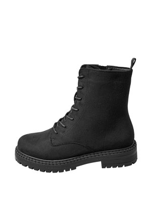Stivaletti neri in suede con frontale lacciato, punta rotonda, esterno con texture e suola in gomma spessa con motivo di battistrada.