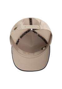 Beige pet met zijpanelen van gaas en een vaste klep. Heeft een zwarte binnenband met het "GOORIN'" logo en een verstelbare kunststof snapback-sluiting.
