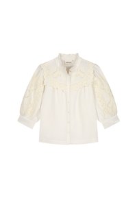 Witte blouse met een gerimpelde kraag, knopen aan de voorkant en lange mouwen. Bevat geborduurde bloemenpatronen op de schouders en mouwen.