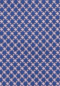 Tkanina z niebiesko-różowym wzorem geometrycznym, z naprzemiennymi okręgami i krzyżami, o teksturowanej powierzchni.