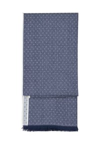 Écharpe bleu marine à motifs avec de petits designs floraux blancs. Fini avec un bord effiloché bleu marine. Fabriqué en matériau textile doux.