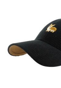 Black corduroy baseball cap with a curved brim and a golden embroidered corgi on the front. The inner brim is tan.