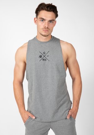 Graues ärmelloses Tanktop aus weichem Material, mit einem grafischen Design, das ein Tier und schwarzen Text zeigt. Lässige Passform, minimalistischer Ausschnitt.