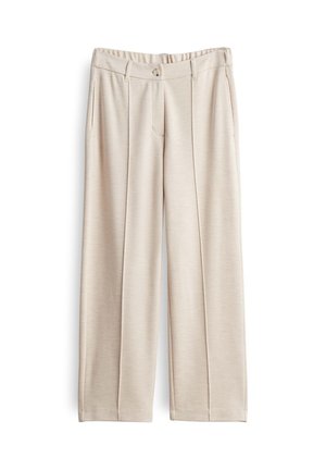 Beige, weit geschnittene Hose aus strukturiertem Stoff, mit zwei seitlichen Taschen, einem Knopfverschluss und Vorderfalten für zusätzlichen Detailreichtum.