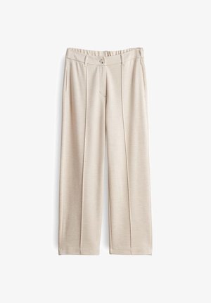 Beige, wide-leg trousers made from textured fabric, featuring two front pockets, a button closure, and front pleats for added detail.