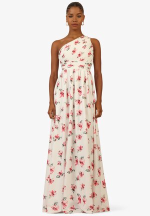 Blumen-Maxi-Kleid mit weißem Grund, einseitigem Design, rosa und grünen Blumenmustern sowie einem figurbetonten Oberteil und einem fließenden Rock.