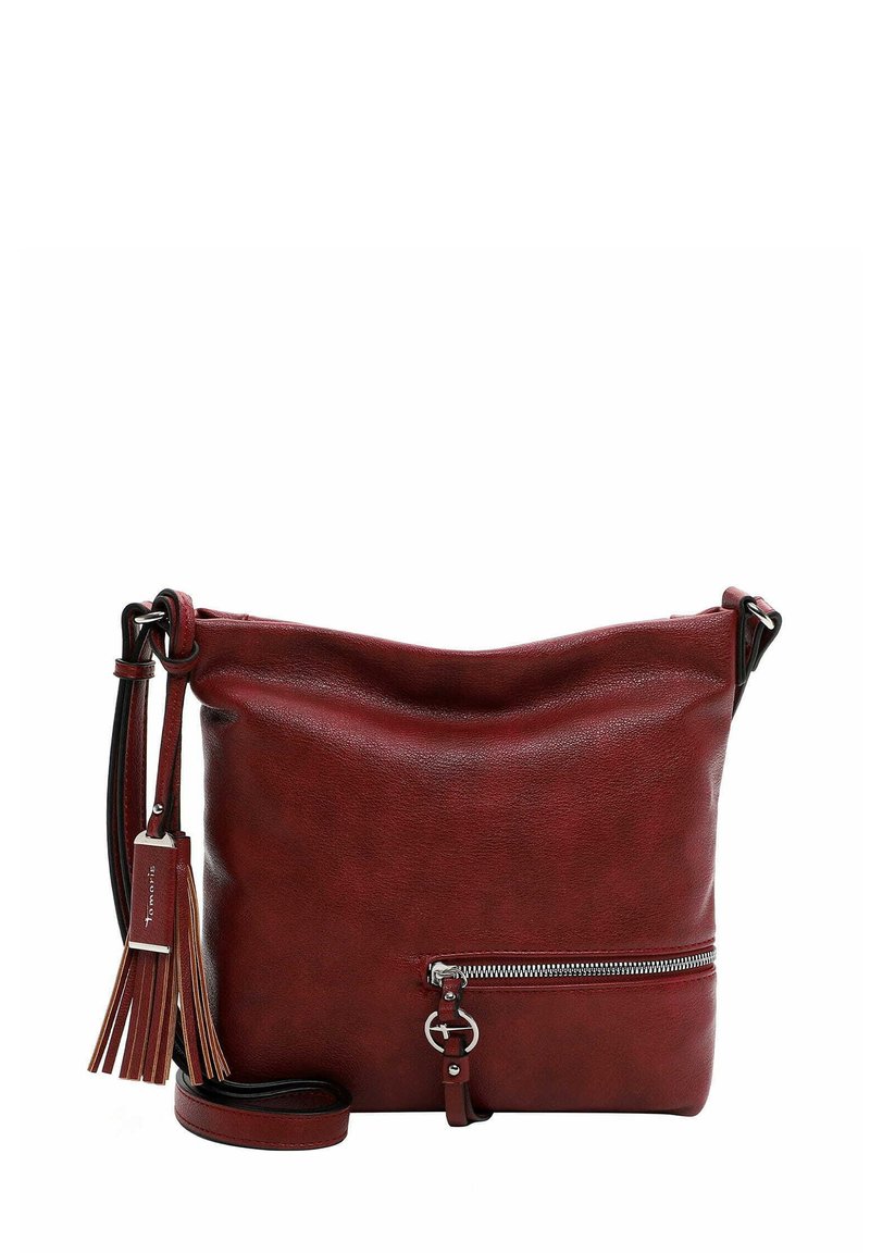 Borsa a tracolla rossa in pelle con finitura testurizzata, tasca frontale con zip, dettaglio con frange e tracolla regolabile.