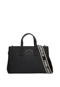 Black textured leather handbag with dual handles and a detachable strap featuring a logo. Engraved brand details on the front.
