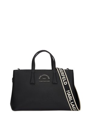 Black textured leather handbag with dual handles and a detachable strap featuring a logo. Engraved brand details on the front.
