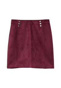 Bordeaux suede rok met vijf zilveren knopen en een soepele textuur. Het heeft een getailleerde vorm en zichtbare naaddetails.