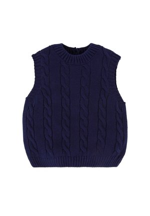 Pull sans manches en maille bleu marine avec un motif torsadé et un col ainsi qu'un ourlet côtelés. Tissu texturé, coupe décontractée, et découpes aux épaules.