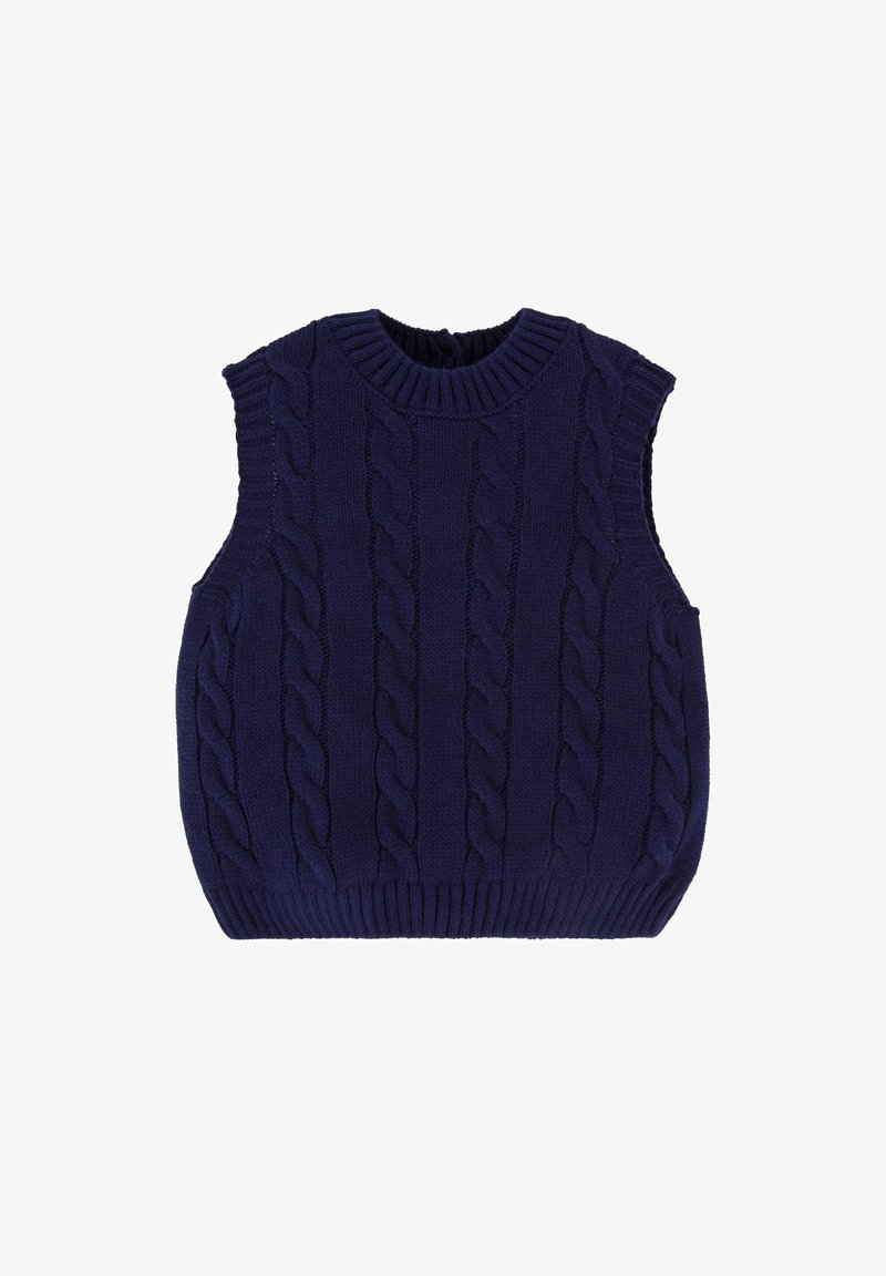 Pull sans manches en maille bleu marine avec un motif torsadé et un col ainsi qu'un ourlet côtelés. Tissu texturé, coupe décontractée, et découpes aux épaules.