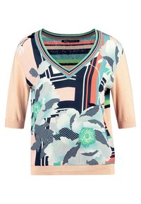 Korte mouw, V-hals sweater met een bloemenpatroon in mintgroen, roze en marineblauw, met horizontale en verticale strepen in het ontwerp.