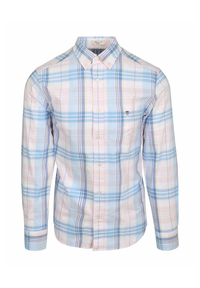 Long-sleeve button-up shirt with a blue, pink, and white check plaid pattern and a chest pocket on a white background.