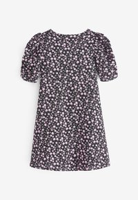 Robe noire à imprimé floral rose et blanc, manches courtes bouffantes et encolure ronde, présentée sur fond blanc.