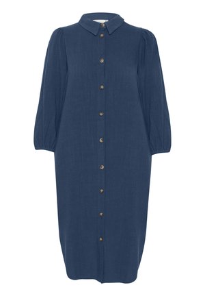 Dark blue, long-sleeve midi dress with a collar and front brown buttons, featuring gathered puff sleeves with elastic cuffs.