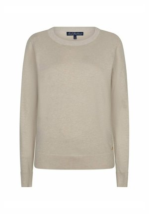 Beige trui met lange mouwen en ronde hals, geribde boorden en zoom, klein merkje aan de linkerkant vlakbij de zoom.