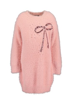 Weiches rosa flauschiges Pulloverkleid mit langen Ärmeln und großer rosa Pailletten-Schleife auf der Brust.