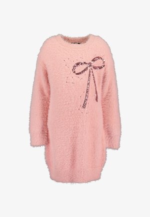 Weiches rosa flauschiges Pulloverkleid mit langen Ärmeln und großer rosa Pailletten-Schleife auf der Brust.