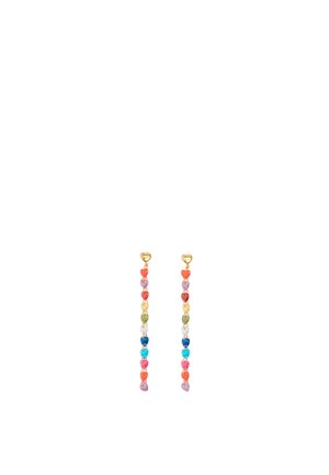 Pendientes de cuentas en forma de corazón colorido con una cadena dorada, que presentan cuentas en rojo, rosa, amarillo, verde, azul y morado dispuestas en un patrón vertical.