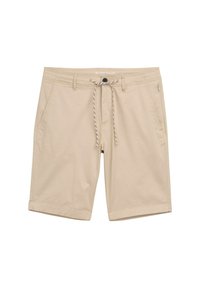 Beige Shorts aus leichtem Stoff, mit einem Kordelzugbund, Fronttaschen und einer lockeren Passform. Keine auffälligen Muster oder Akzente.