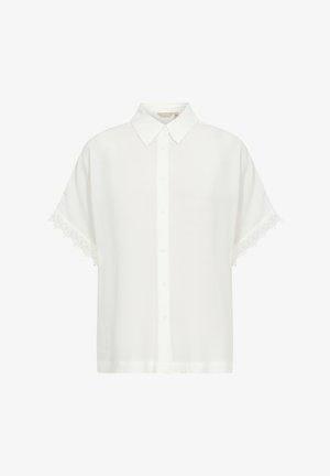 Fehér, rövid ujjú blúz gombos elülső résszel, nyakkal és csipke díszítéssel az ujjakon. Simább, könnyű anyag.