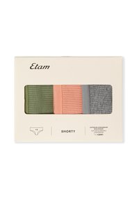 Dreierpack kurze Unterhosen in Olivgrün, Hellrosa und Meliertgrau mit gerippter Textur. Verpackung mit der Aufschrift "Etam" und "Shorty".