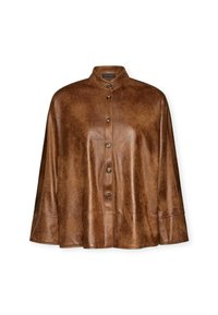 Giacca in pelle marrone con colletto alto, chiusura frontale con bottoni e vestibilità ampia. Presenta una texture liscia e una leggera lucentezza.