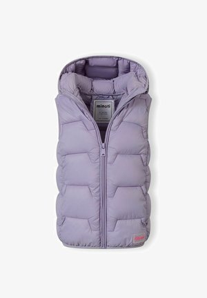 Gilet matelassé sans manches à capuche de couleur violet clair pour enfants de 5 à 6 ans, avec fermeture éclair frontale et motif matelassé.