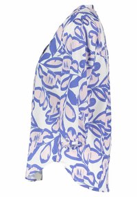 Blouse ample en tissu léger avec un motif floral violet et rose sur fond blanc. Manches courtes.