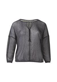 Schwarzes, transparentes Oberteil mit gepunktetem Muster, rundem Ausschnitt und Binddetail vorne. Weite Ärmel mit strukturierter Oberfläche.