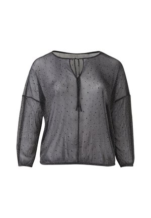 Czarna, przezroczysta bluzka w kropki, z okrągłym dekoltem i wiązaniem z przodu. Luźne rękawy o teksturowanym wykończeniu.