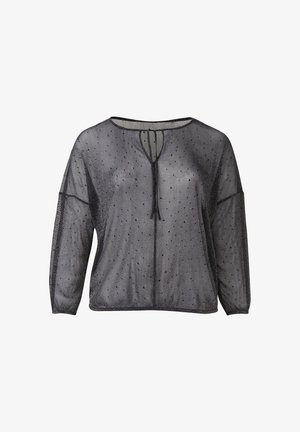 Schwarzes, transparentes Oberteil mit gepunktetem Muster, rundem Ausschnitt und Binddetail vorne. Weite Ärmel mit strukturierter Oberfläche.