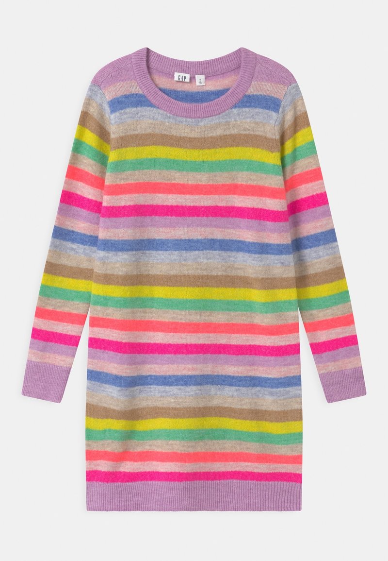 Robe-pull à rayures multicolores avec un col rond. Texture douce, aux teintes vives de rose, vert, jaune et violet. Manches longues.