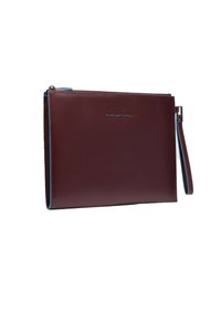 Burgundy leather tablet case with a smooth texture, light blue accents, zip closure, and a detachable wrist strap. Features logo detail.