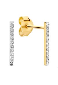 Boucles d'oreilles en or et en argent présentant un design en barre verticale, ornées d'une rangée de petites gemmes scintillantes sur un côté.