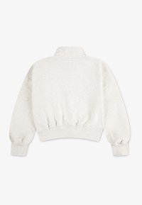 Svetlošedý skrátený sveter s vysokým golierom, elastickým pásom a širokými, nafúknutými rukávmi. Mäkká textúra a minimalistický dizajn.