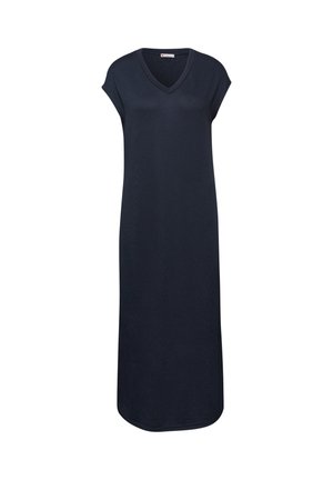 Vestido midi negro sin mangas con escote en V, corte recto y discretos puños en los hombros sobre fondo blanco.