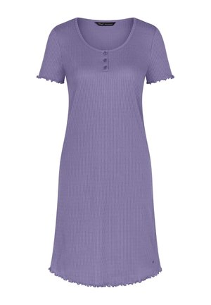 Lila, geripptes Kurzarmkleid mit rundem Ausschnitt, drei Knöpfen auf der Vorderseite und Rüschen an Ärmeln und Saum.