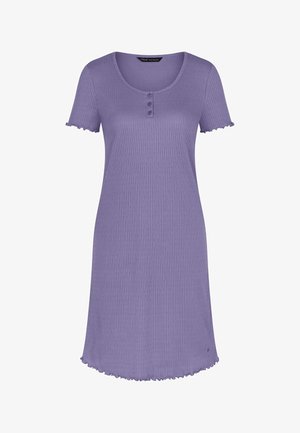 Lila, geripptes Kurzarmkleid mit rundem Ausschnitt, drei Knöpfen auf der Vorderseite und Rüschen an Ärmeln und Saum.