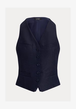 Tengerészkék, testre szabott mellény öt gombbal, bemetszett alsó szegéllyel és elülső cérnázott zsebekkel, texturált anyagból készült.