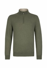 Zielony sweter z półgolfem na zamek błyskawiczny, wykonany z miękkiego dzianinowego materiału. Posiada prążkowane mankiety i dół oraz gładką fakturę.
