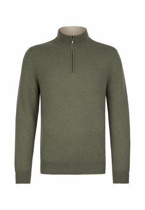 Zielony sweter z półgolfem na zamek błyskawiczny, wykonany z miękkiego dzianinowego materiału. Posiada prążkowane mankiety i dół oraz gładką fakturę.