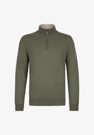Zielony sweter z półgolfem na zamek błyskawiczny, wykonany z miękkiego dzianinowego materiału. Posiada prążkowane mankiety i dół oraz gładką fakturę.