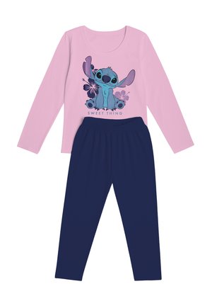 Completo pigiama per bambini con maglia rosa a manica lunga con personaggio dei cartoni animati blu e pantaloni blu navy.