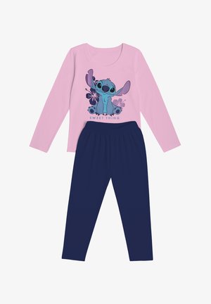 Children’s pajama set with pink long-sleeve top featuring a blue cartoon character and navy blue pants.