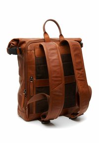 Brown leather backpack with a roll-top design, padded shoulder straps, mesh accents, and zippers, featuring a structured shape and minimal hardware.