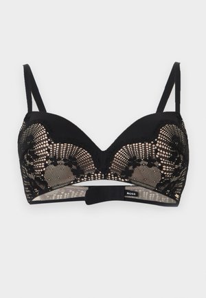 Soutien-gorge en dentelle noire avec bonnets rembourrés, bretelles réglables et détails en mesh floral, avec une petite étiquette « BOSS » sur la bande.