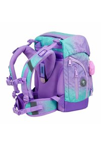 Lila und türkisfarbener Farbverlauf-Rucksack mit gepolsterten Netzträgern, mehreren Reißverschlusstaschen und einem Akzent-Pompon. Verfügt über verstellbare Schnallen.