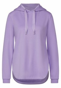 Ljuslila huvtröja med långa ärmar, dragsko, rundad fåll och slät textur.